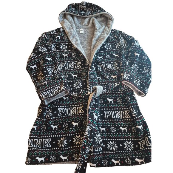 Pink Other - Victorias Secret Pink XS/S Hooded Sherpa-Lined Bathrobe Black Fair Isle Print